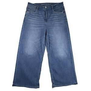 American Eagle Super High-Rise Baggy Wide Leg Jeans Medium Wash Blue 12 Short